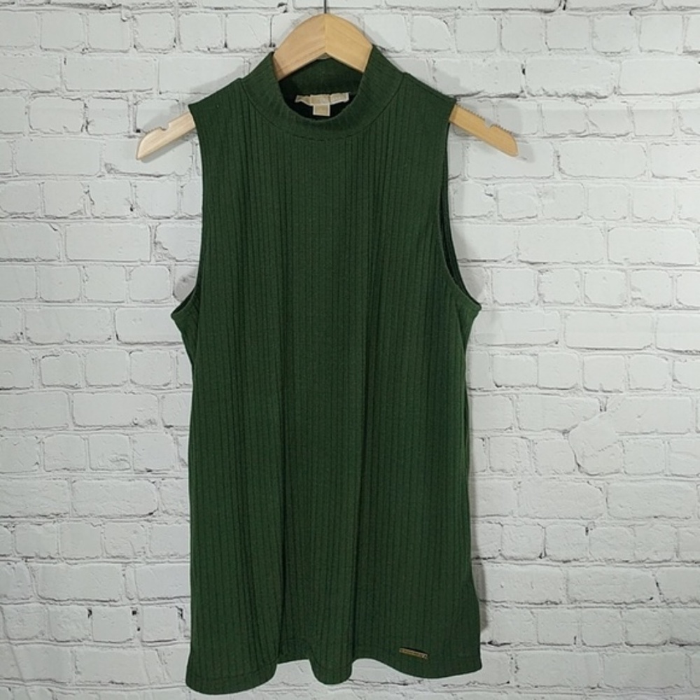 Michael Kors Olive Green Ribbed Sleeveless Mock Neck Top